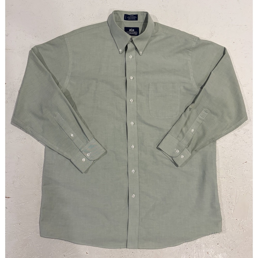 Stafford Mens 17 34/35 Regular Fit Travel Wrinkle Free Oxford Dress Shirt Green